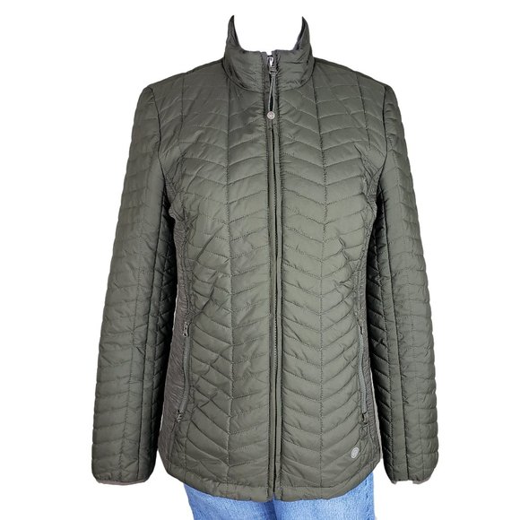 Women T by Talbots Olive Green Chevron Quilted Jacket Small, Like New - Picture 2 of 11